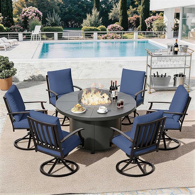 7 Piece Metal Outdoor Patio Furniture Set with 48/55000 BTU Round Fire Pit TableOutdoor Dining Table Set 6 Swivel Chairs No-Slip Cushions and Waterproof CoversNavy