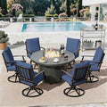 7 Piece Metal Outdoor Patio Furniture Set with 48/55000 BTU Round Fire Pit TableOutdoor Dining Table Set 6 Swivel Chairs No-Slip Cushions and Waterproof CoversNavy