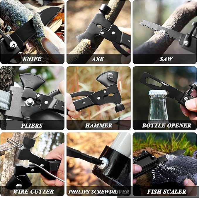 RoverTac 14-in-1 Multitool Camping Axe – Multi Tool with Knife Hammer Saw Screwdrivers Bottle Opener – Camping Tool with Sheath – Tool Gifts for Men Dad Husband and Outdoor Enthusiasts.