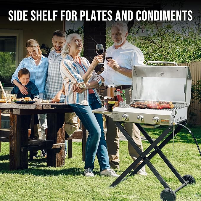 BBQ Gas Grill 3-Burner with Foldable Cart &amp Side Table Premium Portable Propane Grill with 22 Cooking Grate for Outdoor Patio Backyard Barbecue Camping Tailgating RV Stainless Steel Classic GS