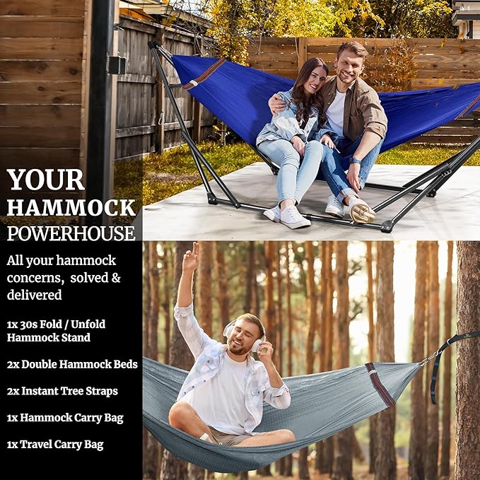 Tranquillo Combo x2 Hammocks with Stand for Outside &amp Tree Straps Heavy Duty Hammock with Stand 600lbs for Indoor Outdoor Patio Backyard x2 Hammocks for 2 Person (Combo - Blue Medium)