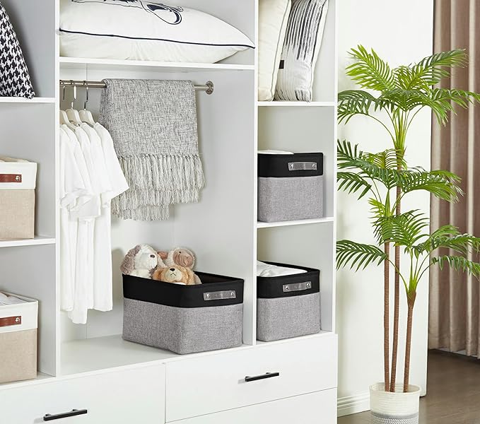 DECOMOMO Storage Baskets for Shelves - Fabric Storage Bins Linen Closet Organizers and Storage (Grey &amp Black XL - 3 Pack)