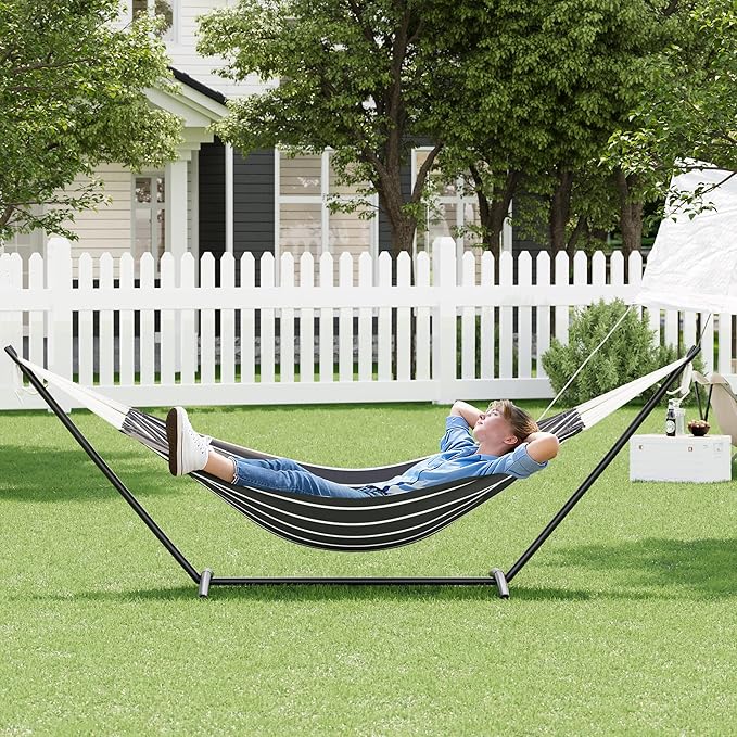 GAOMON Double Hammock with Steel Stand for Outside Portable Space Saving for Indoor Outdoor Patio w/Carrying Bag 450 lbs Capacity - Onyx Stripes