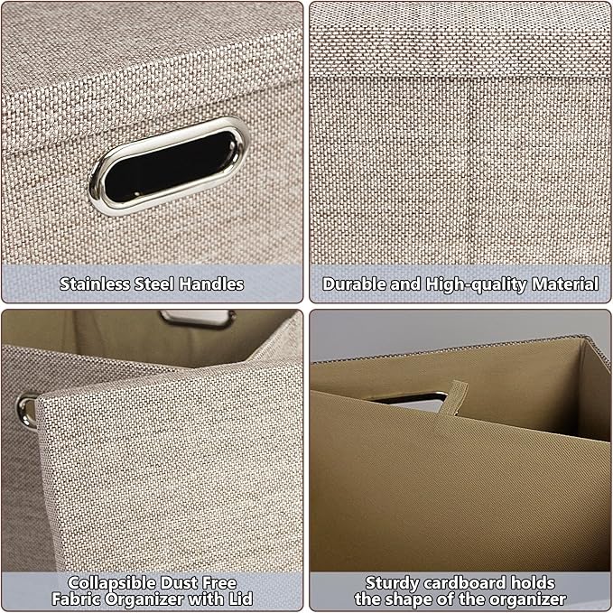 Storage Bins with Lids13 x 13 Inch Foldable Fabric Cube Baskets Boxes Organizer for Closet Shelves and Home. (Khaki (13x13) 4 pack)
