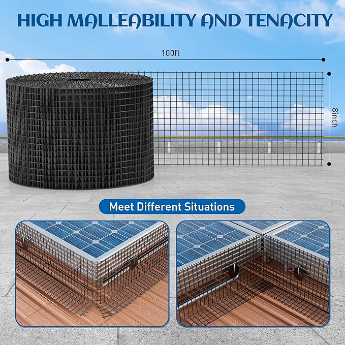 ZeroPone 8inch x 100ft Solar Panel Bird Guard Critter Guard for Solar Panels with 100 Pcs Stainless Steel Fasteners Removable PVC Coated Pigeon Netting Wire for Squirrel Bird Critters Proofing