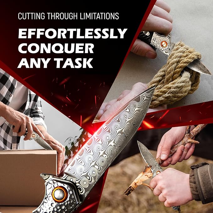 Mini Katana Premium &amp Unique Damascus Pocket Knife - Unmatched Sharpness 67-layer VG10 Steel &amp Durability with Clip Leather Sheath - Ideal for Everyday Use &amp Hunting
