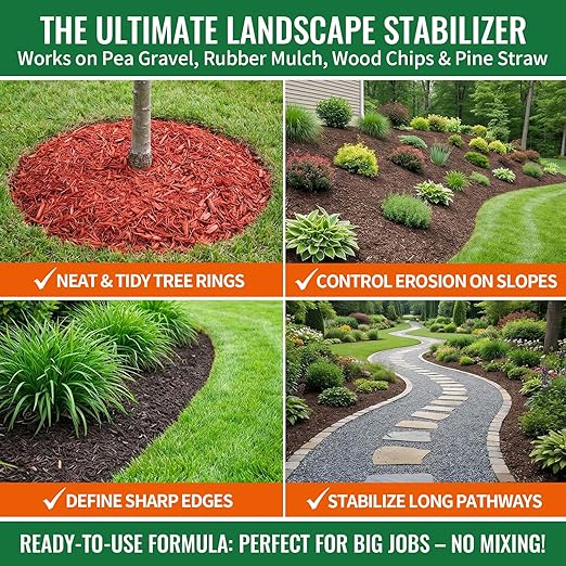 YKF Mulch Glue for Landscaping - 1 Gallon Permeable Gravel Binder &amp Rock Adhesive - Strong Hold for Pea Gravel Wood Chips Rubber Mulch &amp Sand - Pet Safe Fast Drying Stabilizer