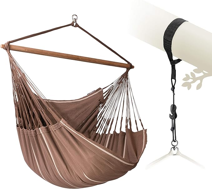 LA SIESTA® XL King Habana Cotton Hammock Chair Swing &amp Tree Mount Kit - Hammock Swing Chair w/Suspension Kit for Trees Beams &amp Posts - Indoor Outdoor Hanging Chair for Bedroom Patio - Chocolat