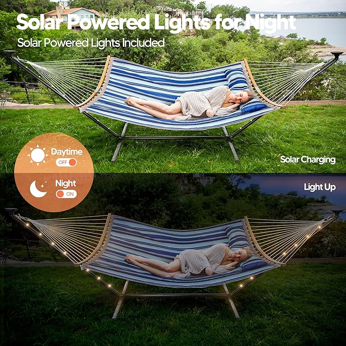 SUNCREAT Double Hammock with 12 ft Stand Solar Powered Lights Included Outdoor Hammock for Outside Blue &amp White