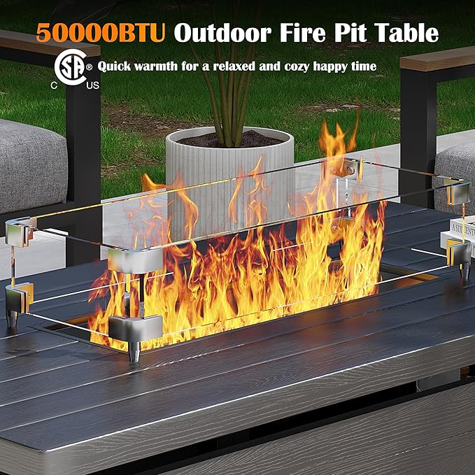 Sundale Outdoor 51 Inch Outdoor Fire Pit Table 50000BTU Rectangle Propane Fire Pit with Sliding Tank Holder Glass Wind Guard Removable Lid CSA Certified Gray