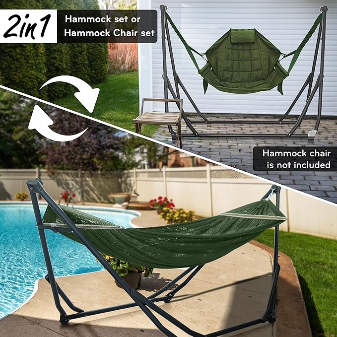 Tranquillo UniGen Hammock/Hammock with Stand for Outside Double Hammock for 2 Persons Foldable Portable Hammock Stand 600 lbs Capacity/Portable Hammock with Stand Foldable Moss Green