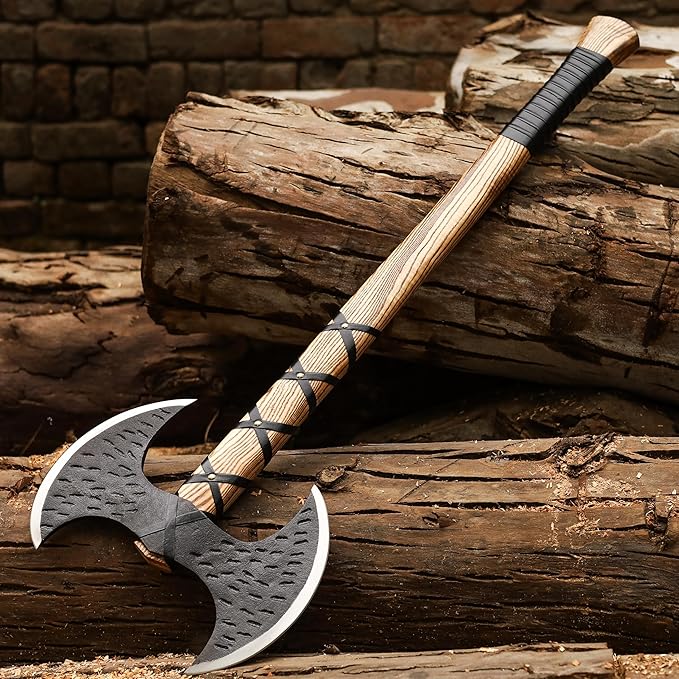 SHINY CRAFTS® Handcrafted Viking Axe – Engraved Nordic Blade with Wooden Handle Norse Bearded Hatchet for Men Unique Gift for Him Collectors Cosplay Camping Medieval Wall Decor (Black-VBA-22-A)