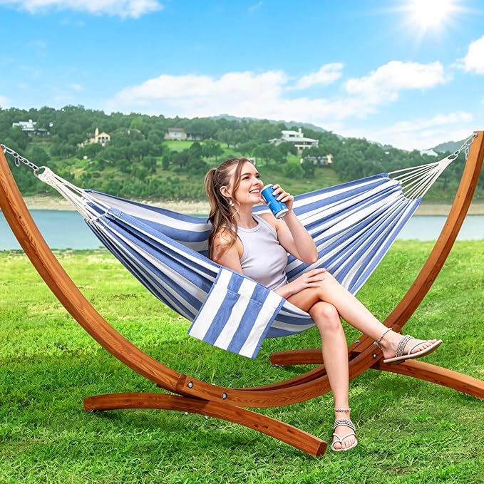 SUNCREAT Hammocks for Outside with Stand Porch Hammock and Stand 475 lbs Capacity Blue &amp White