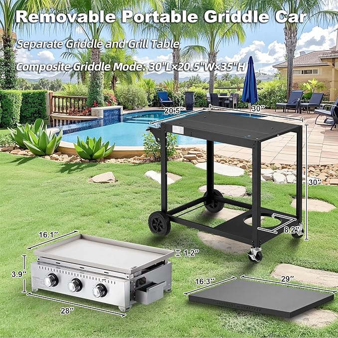MELLCOM 3 Burner 30000 BTU Outdoor Gas Griddle with Lid (Side Shelf) Portable Flat Top Griddle 28 Inch Heavy- Duty Cast lron Grill Bottle Rack &amp Grease Pan for Camping Picnic Patio