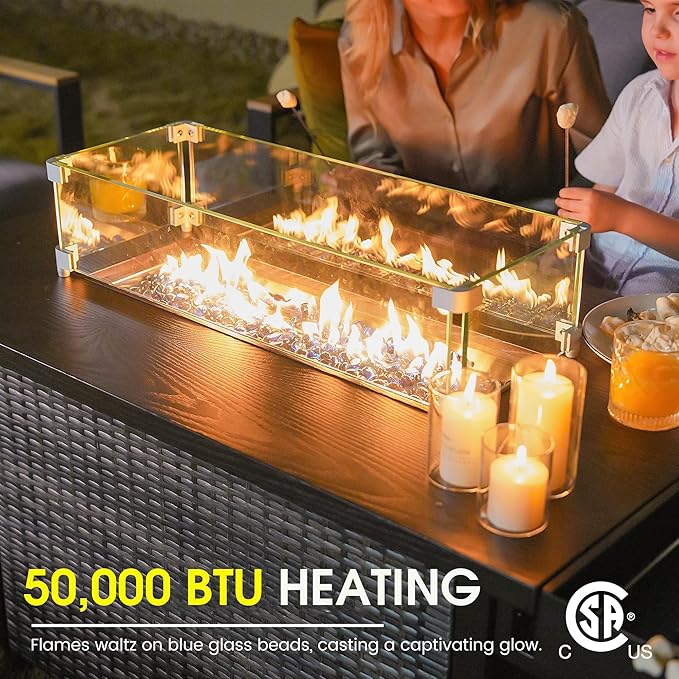 Sundale Outdoor 52 Inch Outdoor Fire Pit Table 50000 BTU Propane Fire Pits with Storage Shelf Glass Wind Guard and Lid Wicker Patio Gas Fire Pit for Outside Patio and Garden CSA-Listed(Brown)
