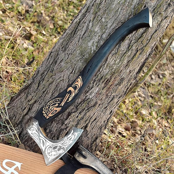 SS SMART &amp SHARP SPORTS INC Custom Handmade High Carbon Steel Viking Axe Real HatchetGift for hIm19 inches SS-17613 with Wooden Box
