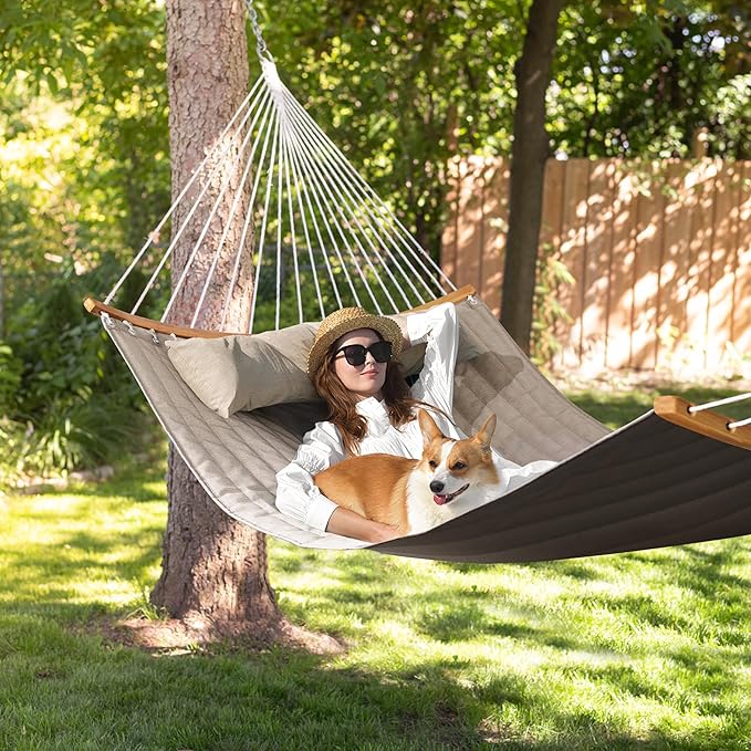 Double Hammock 11 FT Quilted Fabric 2 Person Hammock for Outside with Pillow Folding Curved Spreader Bar Chains Carrying Bag Indoor Outdoor 450 IB Capacity BlanchedAlmond