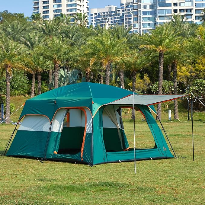 KTT Extra Large Tent 6-10-12-14 Person(A)Family Cabin Tents2 Rooms3 Doors and 3 Windows with MeshStraight WallWaterproofDouble LayerBig Tent for OutdoorPicnicCampingFamily Gathering
