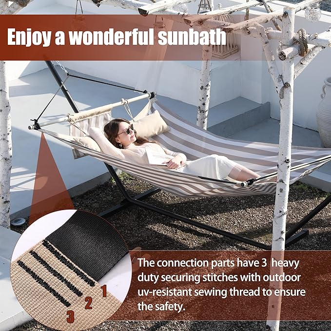 TegerDeger Anti-flip 12FT Hammock Large Hammock 450LB Capacity with Iron Spreader Bar &amp Nylon Rope for Outside Patio Garden Backyard Beach - Beige Strips