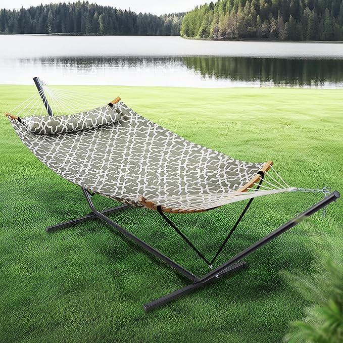 SUPERJARE Hammock with Stand 2 Person Heavy Duty Hammock with Padded Cotton Detachable Pillow &amp Strong Curved-Bar &amp Portable Carrying Bag Perfect for Outdoor &amp Indoor Grey with White F