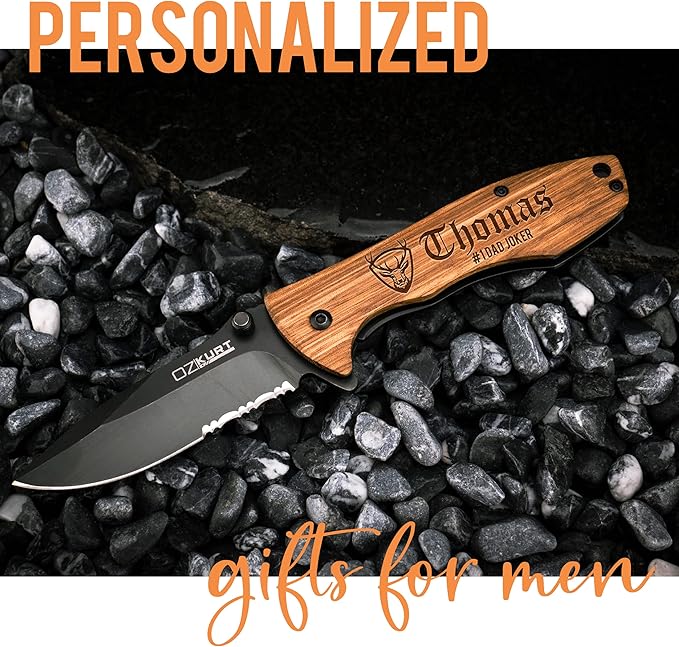 Customization Mill Gifts for Men Personalized Engraved Oak Wood Pocket Knife - 36 Icons 20 Stylish Font - Custom Pocket Knives