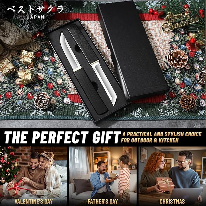 Moontay Mini Katana Knives Set – 2 in 1 Janpanese Tanto Knife with Integrated Wood Sheath &amp Handle Stainless Outdoor Double Knife Set Short Samurai Swords for Camping Survival BBQ Christmas Gif