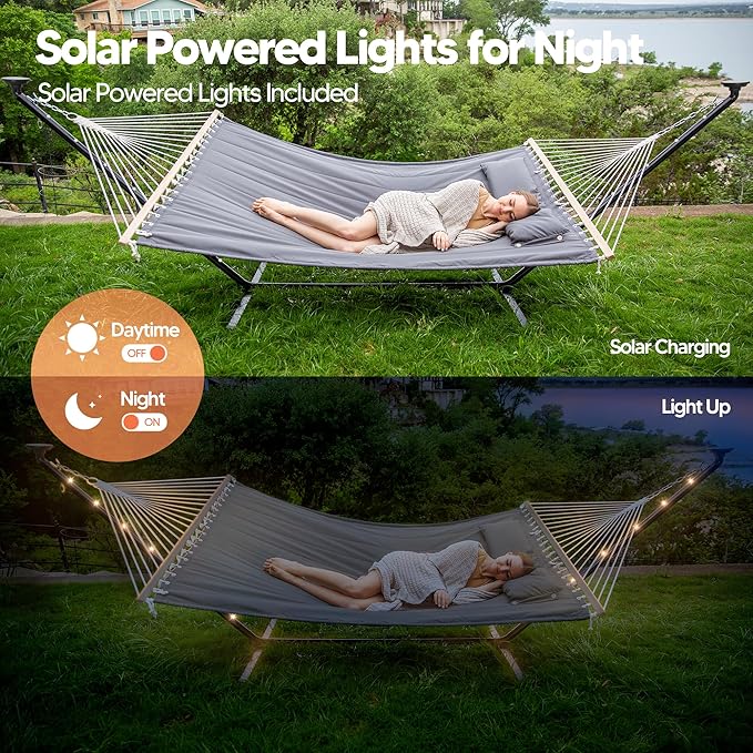 SUNCREAT Double Hammock with 12 ft Stand Solar Powered Lights Included Outdoor Hammock for Outside Dark Gray