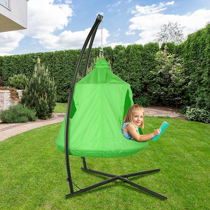 Arlopu Hanging Hammock X-Stand w/Tree Tent Indoor Metal Swing Chair Stand w/Play Tent Outdoor Egg Basket Patio Seat w/Support Stand Porch Bedroom Balcony Chair w/Adjustable Solid Stand (Green)
