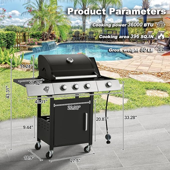 MELLCOM Upgraded 36000 BTU Stainless Steel Burner Barbecue Grill 3 Burner BBQ Propane Gas Grill with Cast Iron Grates &amp Side Stove for Patio Camping Outdoor Cooking