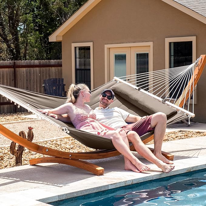 SUNCREAT 2 Person Hammocks for Outside with Stand Extra Large Double Hammock with Wooden Stand Brown