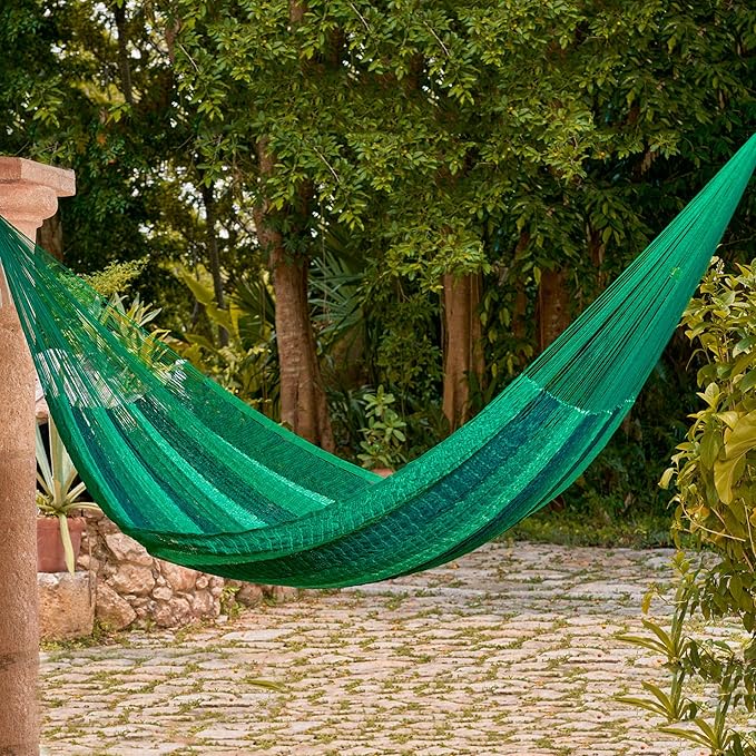 NOVICA Multicolor Green Striped Hand Woven Nylon Mayan 1 Person Rope Hammock 'Caribbean Dream' (Single)