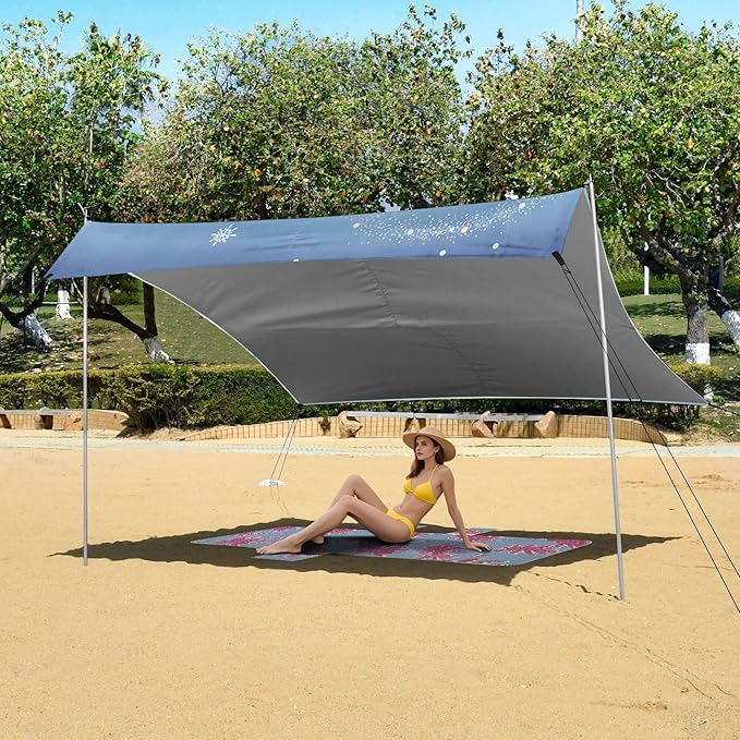 Winter Scenery Beach Canopy Sun Shelter with Sandbags &amp Sand Shovel &amp Windproof Ropes - Portable 110x126 Beach Shade Beach Tent for Camping Picnics