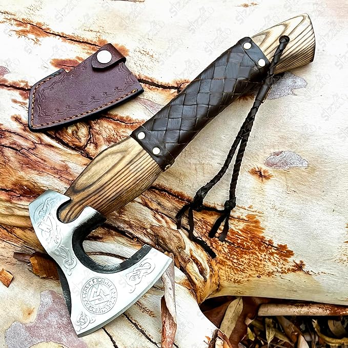 Custom Forged Carbon Steel Viking Style Bearded Axe - Real Hatchet Throwing &amp Camping Axe with Leather Wrap Best Gift for Anniversary Valentine's Day Birthday with Premium Leather Sheath