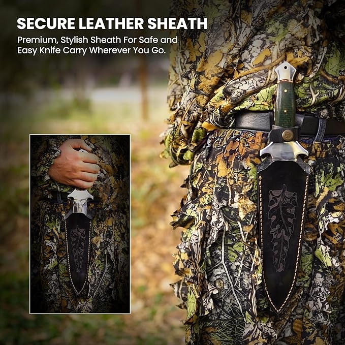 TwinEdge Pro D550X Fixed Blade Dagger Knife with Sheath – 6.9 Full Tang D2 Steel Blade with Rare Green Horn Handle Survival Hunting Knife for Men Perfect for Camping Tactical Outdoor and Gift