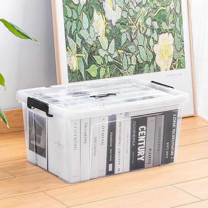 Cetomo Lidded Storage Bin with Handle Tote Organizing Container with Wheels Lid and Secure Latching Buckles Stackable and Nestable Plastic 72 Quart-6 Pack Clear