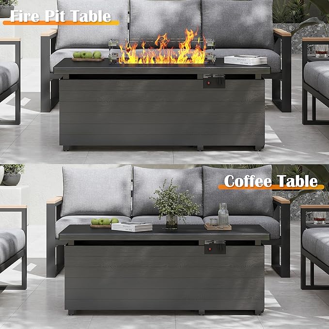 Sundale Outdoor 51 Inch Outdoor Fire Pit Table 50000BTU Rectangle Propane Fire Pit with Sliding Tank Holder Glass Wind Guard Removable Lid CSA Certified Gray