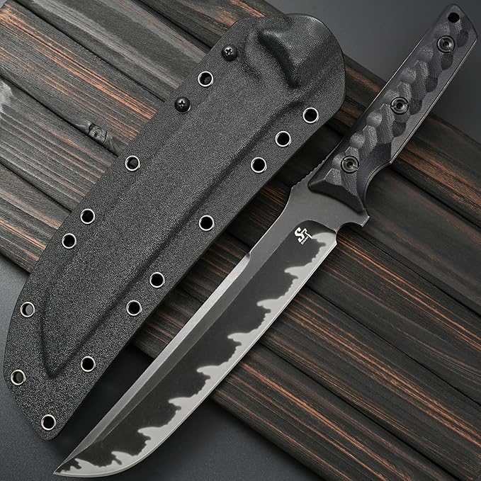 Sitivien ST25 Fixed Blade Knife AUS-10 Black Stonewashed Steel Blade G10 Handle Full Tang EDC Tool Straight Knife for Working Camping Hunting(Black)