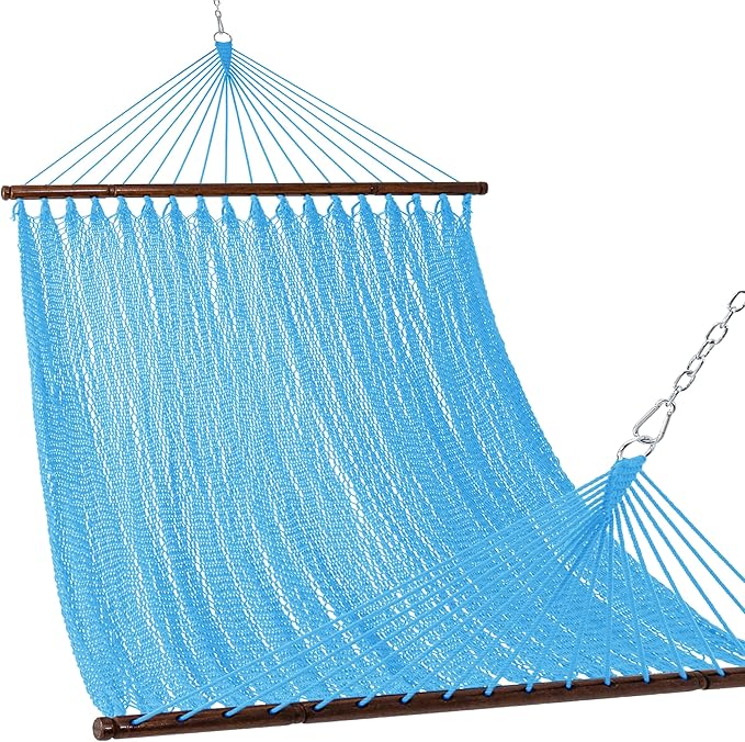 Lazy Daze Hammocks 10.5 FT Double 2 Person Caribbean Rope Hammock Hand Woven Polyester Hammock with Spreader Bars for Outside Outdoor Backyard Patio Poolside 450 LBS Capacity Sky Blue