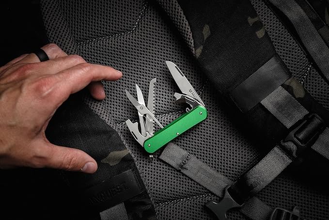 Fox Knives Vulpis FX-VP130-SF5 Slipjoint EDC Pocket Knife 5-in-1 Multitool - 2.17in Blade Hacksaw Bottle Opener Can Opener Scissors Flat Head Screwdriver - Every Day Carry (OD Green)
