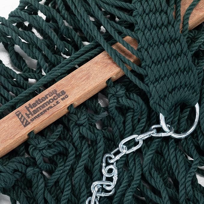 Hatteras Hammocks Small Green DuraCord Rope Hammock – 11 ft. x 45 in. 450 lb Capacity Cumaru Spreader Bar Zinc-Plated Hardware Handcrafted in The USA