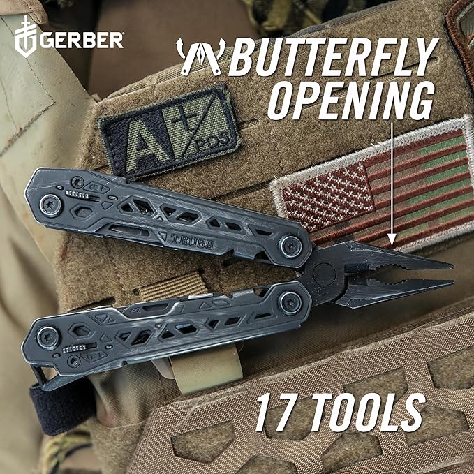 Gerber Gear Truss 17-in-1 Multitool with Pocket Knife and Needle Nose Pliers - Gifts for Men Compact EDC Gear Black with Standard Sheath