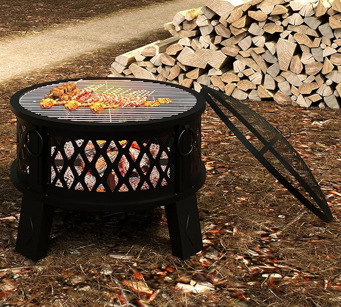 Fire Beauty 26 Steel Fire Pit with Grill &amp Diamond Mesh Design360° Airflow Tech for 80% Less SmokeXL FlamesHeavy-Duty Portable Outdoor Fire Bowl for Camping Backyard Beach (22lbs 4 Handles)
