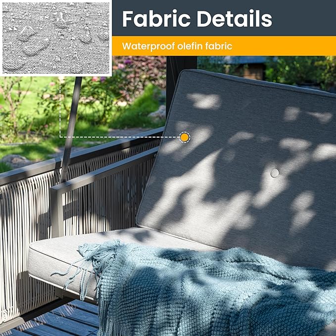 Pamapic 3-Seat Porch Swing with Stand 990 LBS 2 in 1 Convertible Bed Patio Swings with Canopy Adjustable Wicker Side Panel Swing Chair Outdoor with Cushion for Backyard Porch Garden (Gray)