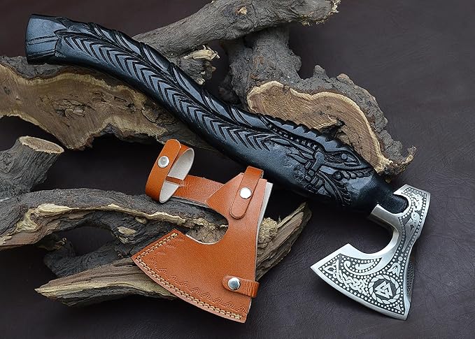 Viking-Style Bearded Axe J2 Steel Blade Handcrafted Wooden Handle Sharp Snatching Edge for Battle Ready Throwing &amp Collecting