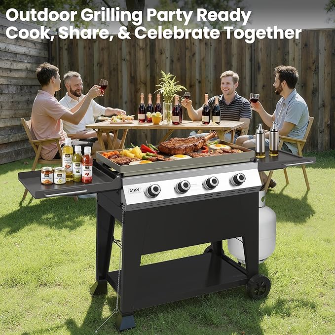 4-Burner Propane Gas Griddle 40000 BTU Outdoor Flat Top Propane Grill with 480 Sq In Cooking Area Rolling Wheels &amp Folding Side Shelves for Camping Tailgating &amp Backyard BBQ Black