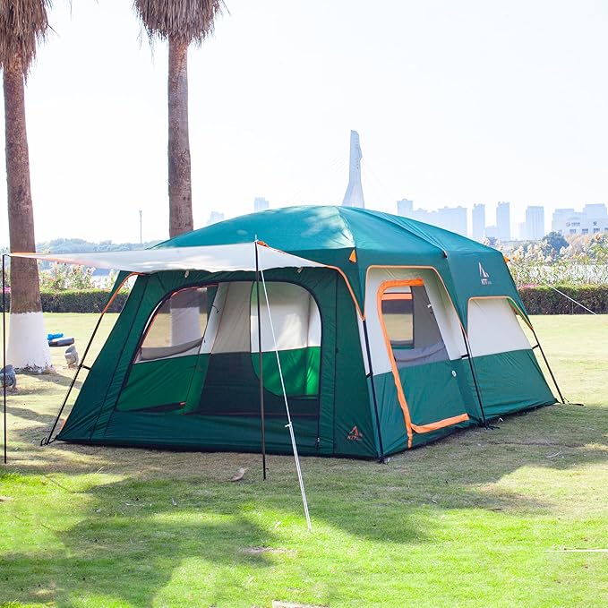 KTT Large Tent 6-8-10-12 PersonFamily Cabin Tents2 Rooms2 Doors and 4 Windows with MeshStraight WallWaterproofDouble LayerBig Tents for OutdoorPicnicCampingFamily Gathering
