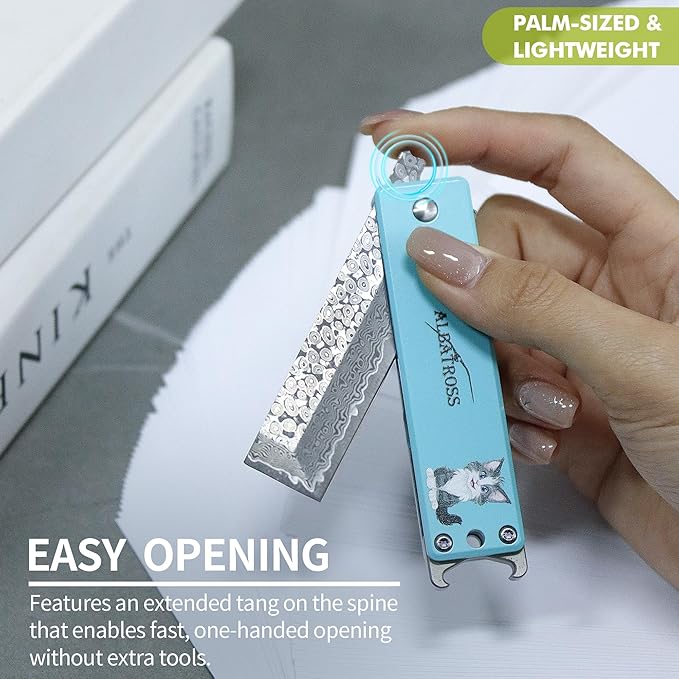 ALBATROSS Blue Damascus Cute Cat Pattern Pocket Knife - Stocking Stuffer for Men 3.5 Titanium Alloy Box Cutter - EDC Keychain Gadgets with Bottle Opener Mothers Day Fathers Day Gift for Cat Lovers