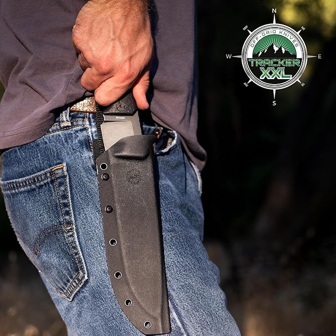 Off-Grid Knives - TRACKER-XXL Fixed Blade Knife Cryo D2 Blade Steel G10 Scales Kydex Sheath OG Lo-Pro Belt Attachment Chopping Camping Bushcraft Hunting Survival (Blackout)