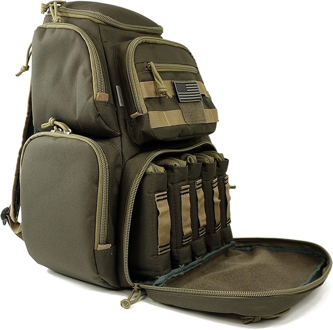 K-Cliffs Tactical Range Backpack – Lockable Bag for 5 Handguns Pouches – 900D Water‑Resistant with Rain Cover &amp USA Patch
