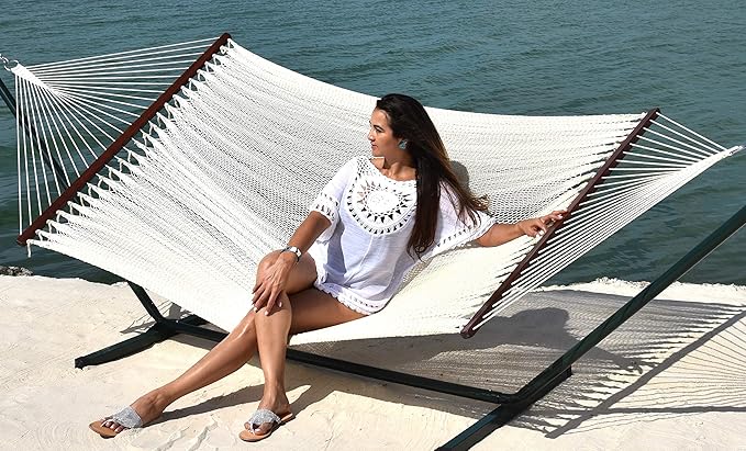 Island Oasis Caribbean Hammocks and Stand Set (Green Stand and Cream Hammock)